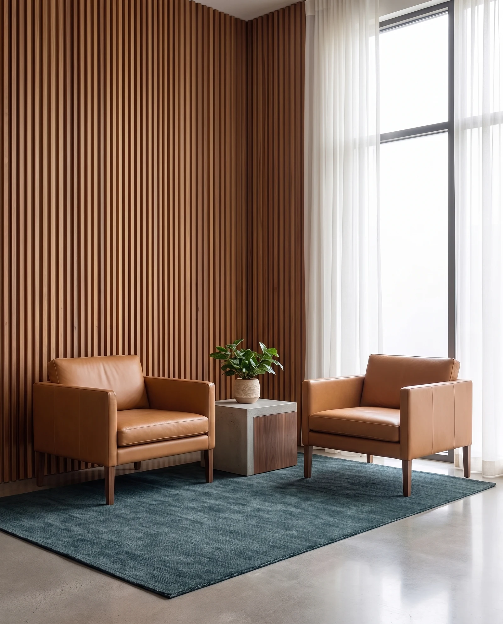 Sala de espera da TANIT com poltronas em couro caramelo e painel ripado